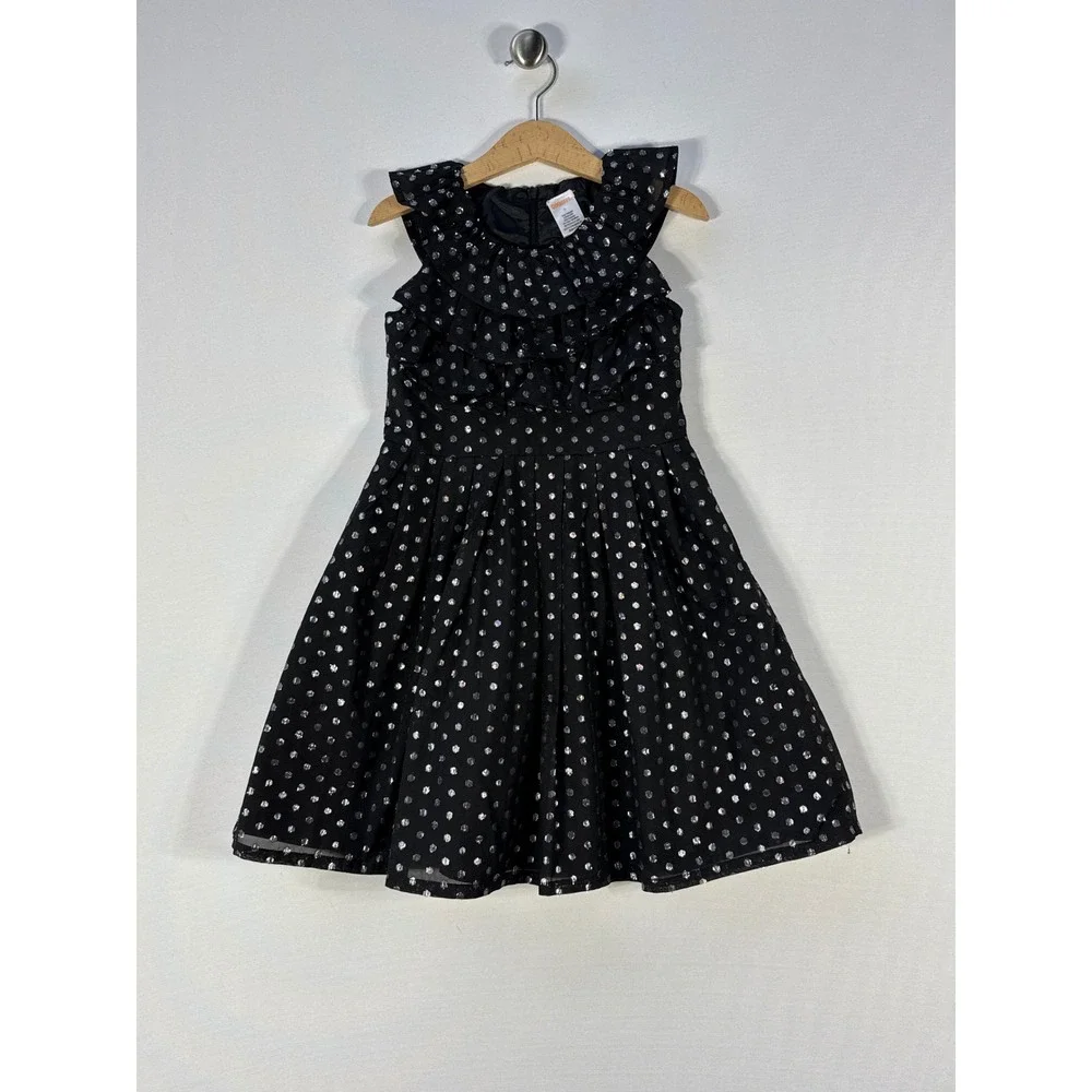 Gymboree Girls Sz 5‎ Black Silver Polka Dot Dress Ruffle Sleeves Party Formal